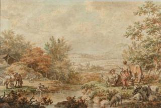Jacob Cats - A mountainous landscape with maids milking a goat on the bank of a stream