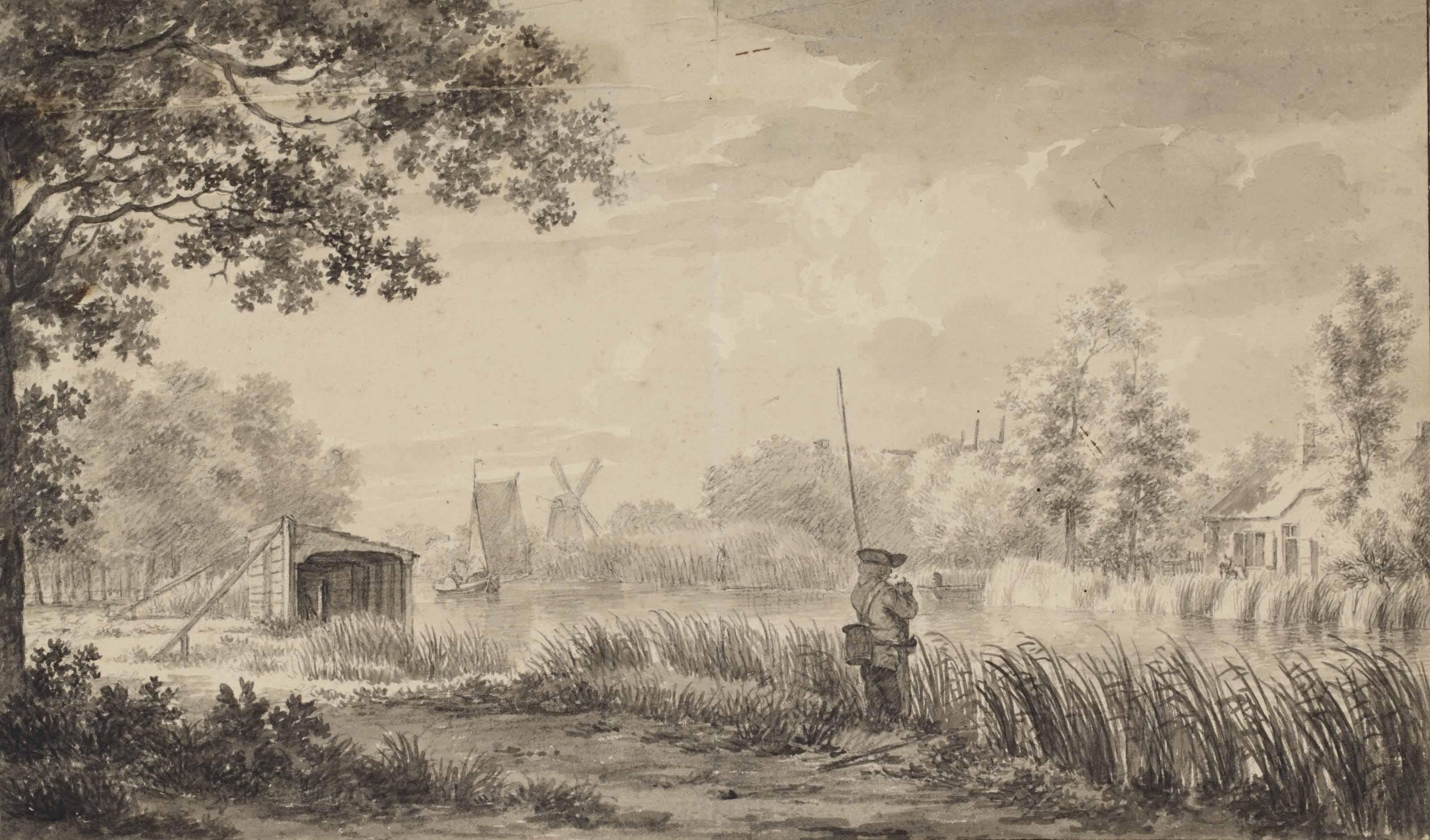 Jacob Cats - A river landscape with an angler near \'Hollands Eind\' on the River Gein
