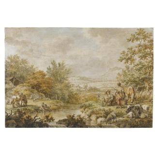 Jacob Cats - A River Landscape With Farm Animals Grazing And Two Milk Maids