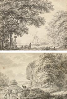 Jacob Cats - A swineherd with three pigs on a track, a windmill beyond; and A peasant watering his animals at a ford