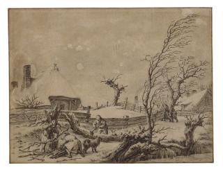 Jacob Cats - A winter landscape with peasants cutting wood