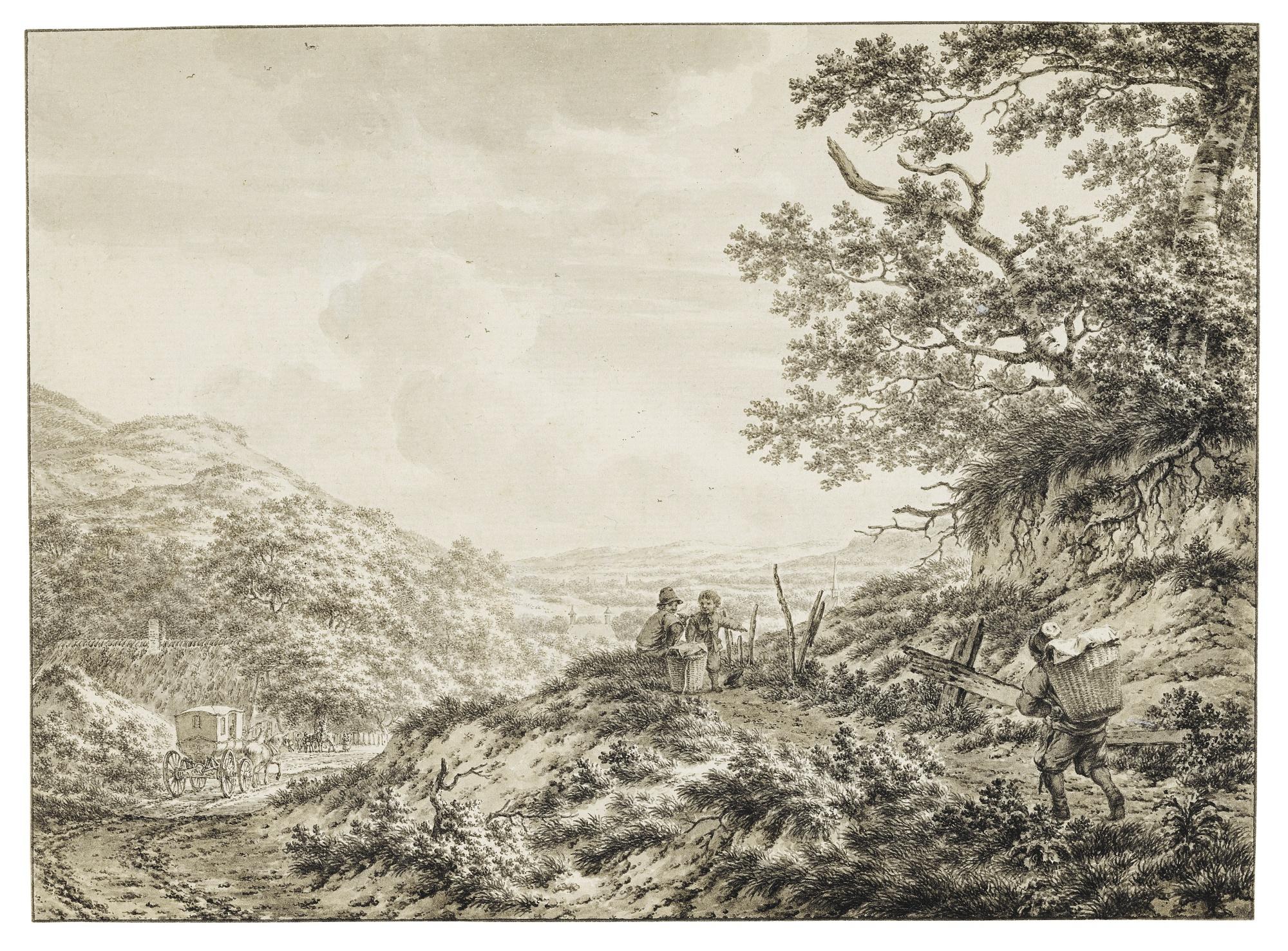 Jacob Cats - An Extensive Hilly Landscape With Figures Carrying Baskets, A Carriage On A Road