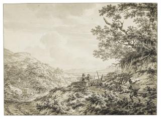 Jacob Cats - An Extensive Hilly Landscape With Figures Carrying Baskets, A Carriage On A Road