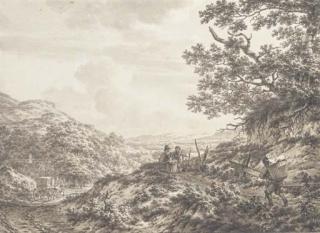 Jacob Cats - An extensive hilly landscape with figures carrying baskets, a carriage on a road