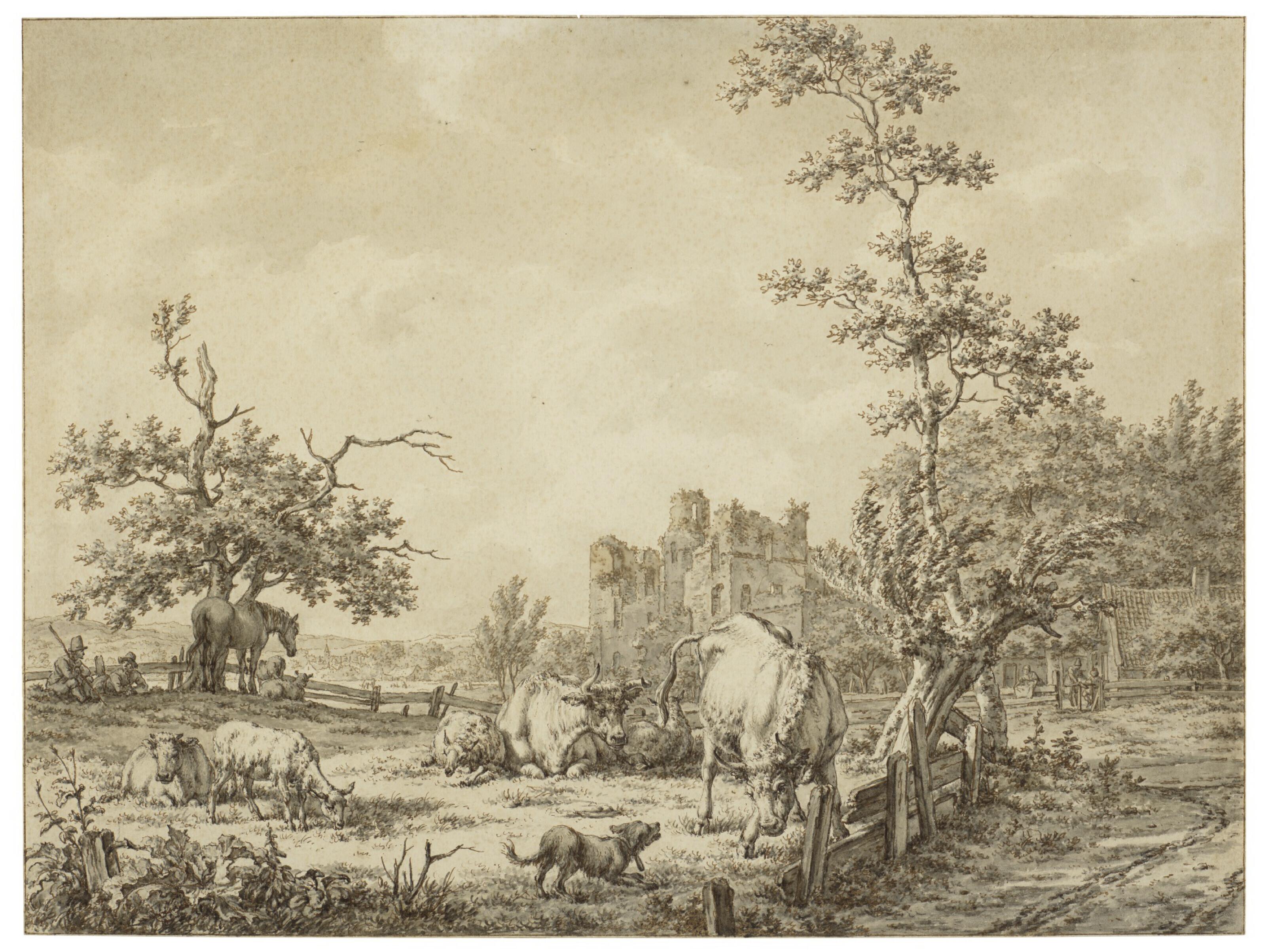 Jacob Cats - Cattle, sheep, a horse, a dog and figures, with Brederode Castle in the background