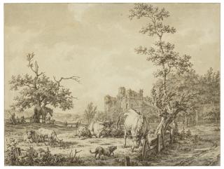 Jacob Cats - Cattle, sheep, a horse, a dog and figures, with Brederode Castle in the background