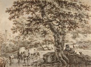 Jacob Cats - Die Viehtränke unter einer Buche.