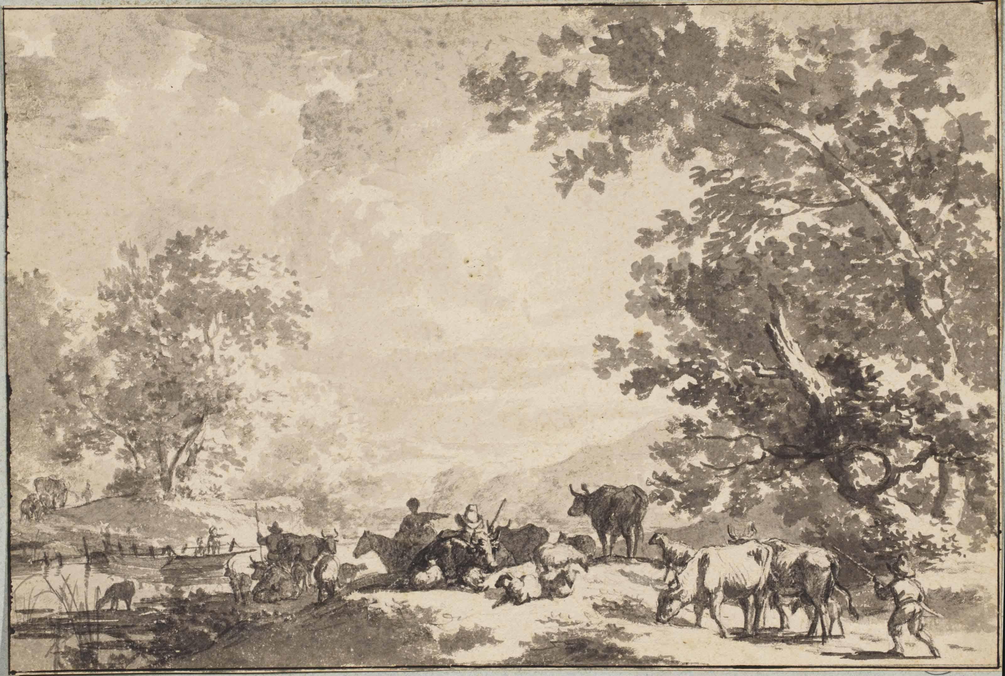 Jacob Cats - Peasants And Animals In A Wooded River Landscape