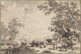 Jacob Cats - Peasants And Animals In A Wooded River Landscape