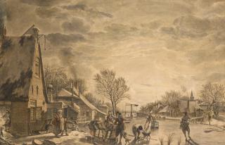 Jacob Cats - Scene On A Winter Evening, Figures On A Frozen River In A Country Village