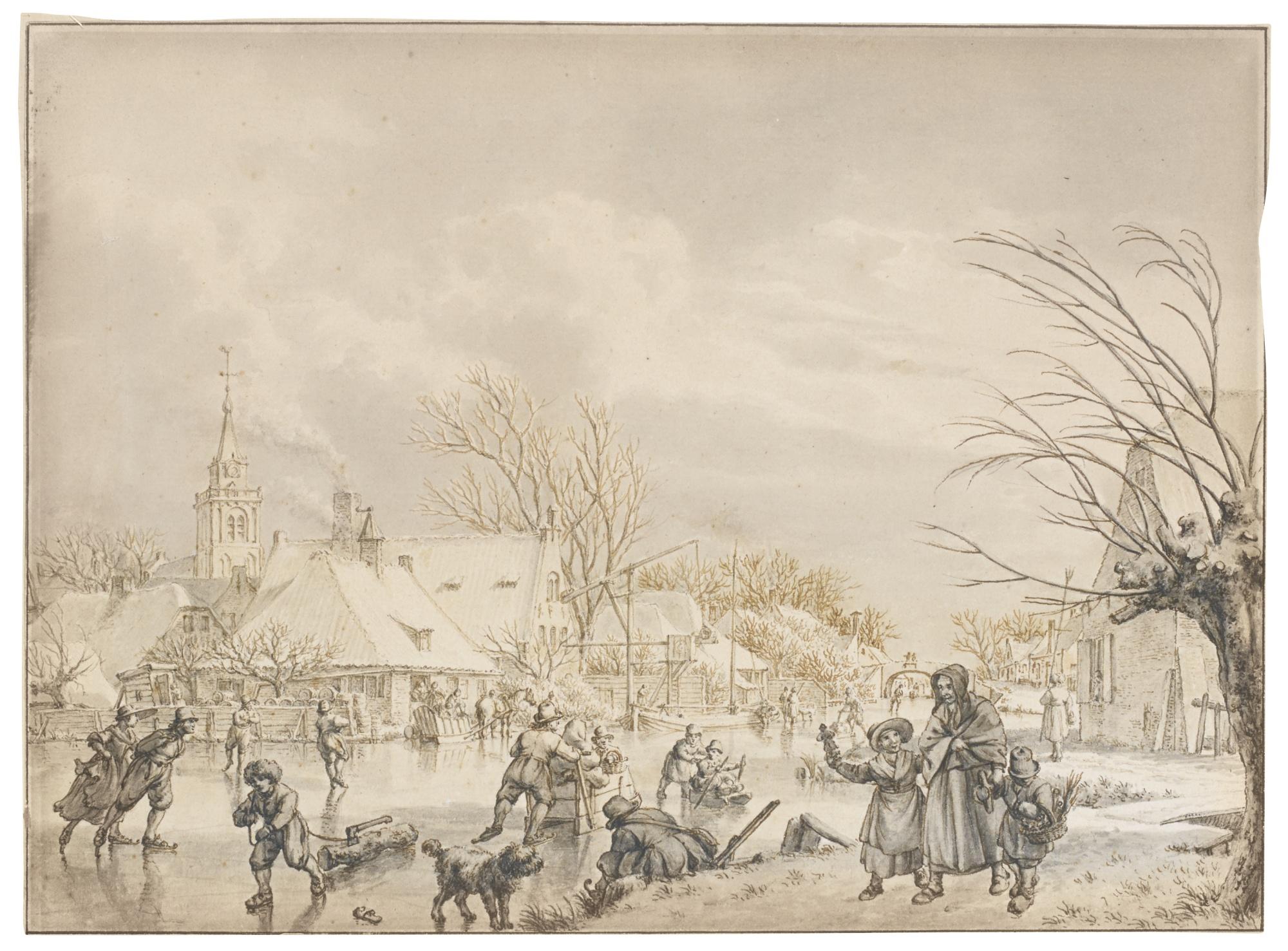 Jacob Cats - The Month Of December: A Winter Landscape With Skaters And Sledges On A Frozen River By A Village, Possibly The Village Of Nieuwland, Near Leerdam