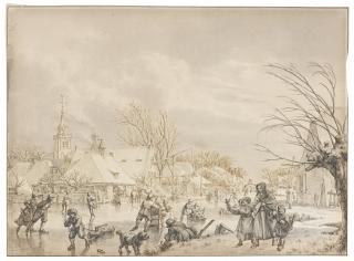 Jacob Cats - The Month Of December: A Winter Landscape With Skaters And Sledges On A Frozen River By A Village, Possibly The Village Of Nieuwland, Near Leerdam