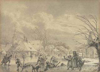 Jacob Cats - The month of December: skaters on a frozen river with a village beyond, possibly the village of Nieuwland near Leerdam