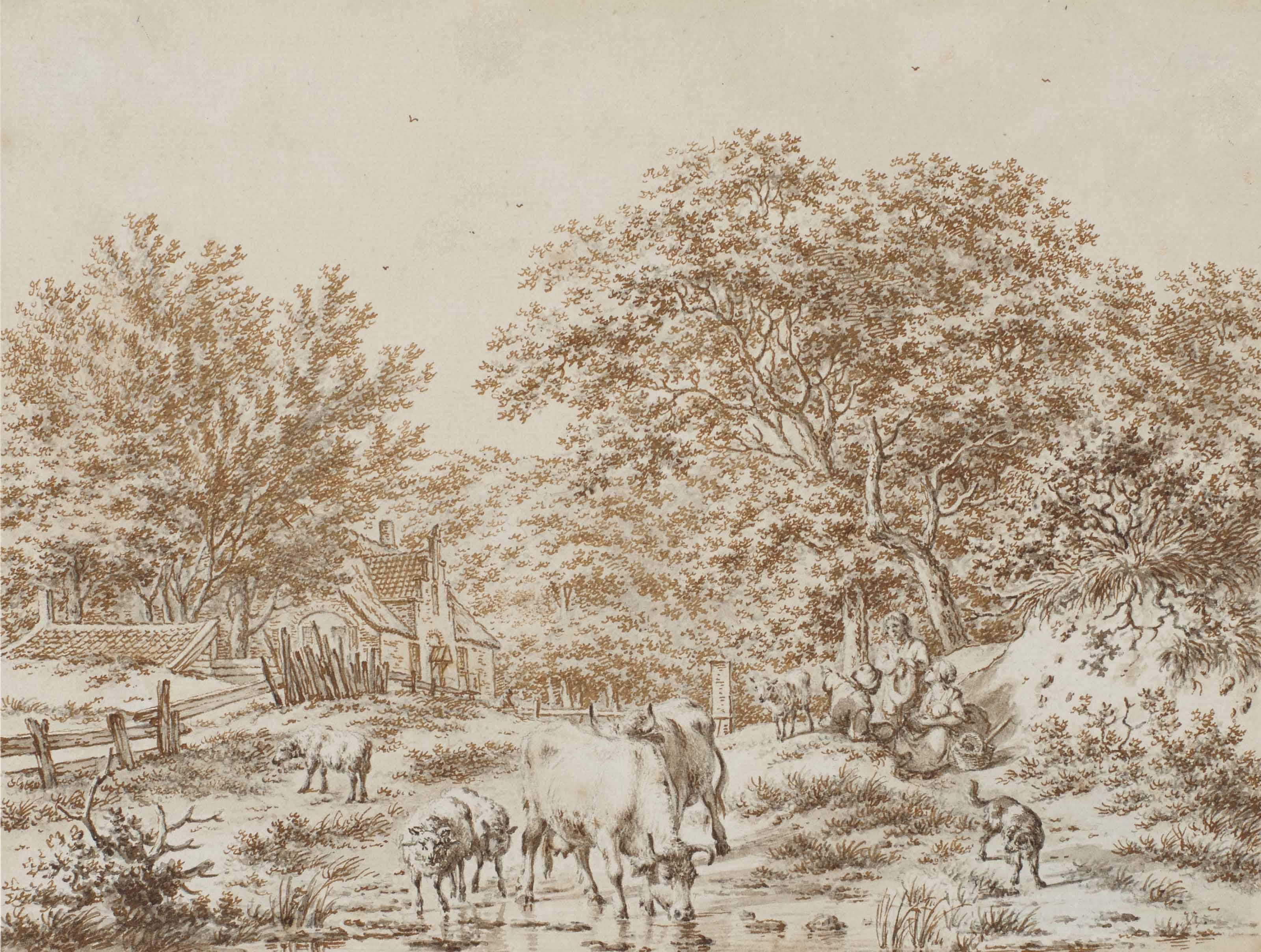 Jacob Cats - Troupeau s\'abreuvant dans un paysage arboré près de Wijk aan Zee