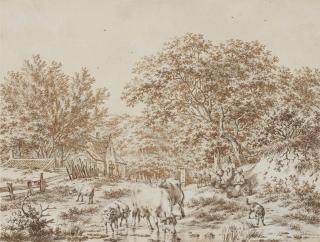 Jacob Cats - Troupeau s\'abreuvant dans un paysage arboré près de Wijk aan Zee