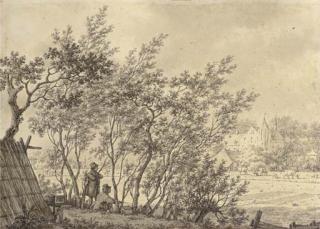 Jacob Cats - Two figures in a copse watching a bird trap, a castle beyond