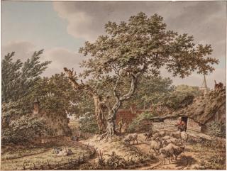 Jacob Cats - Village Landscape with Sheep and Figures