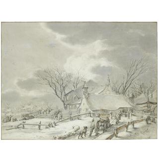 Jacob Cats - Winter Landscape With Peasants With A Sledge By A Farm, A Town Beyond