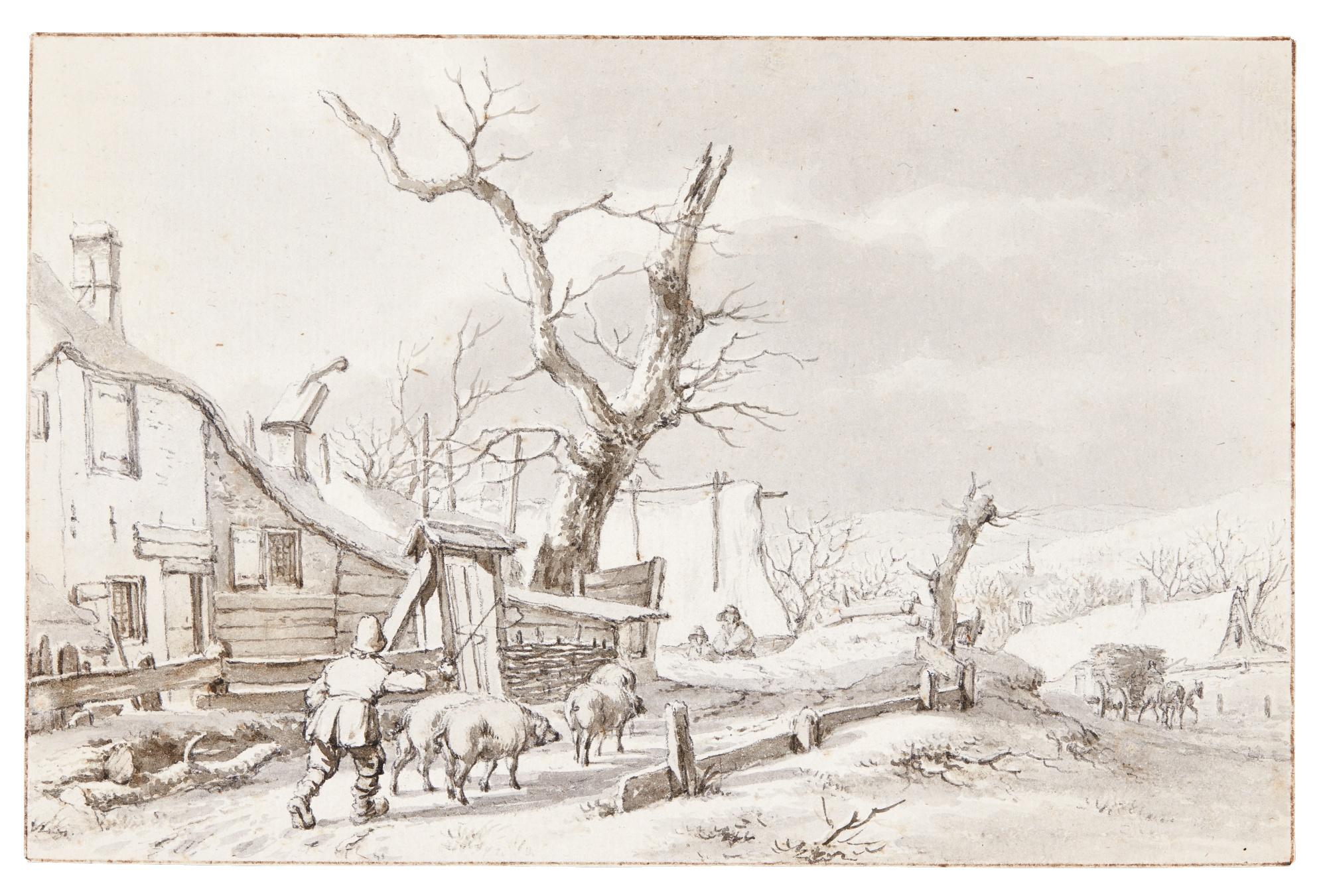 Jacob Cats - Winter Scene With A Swineherd On A Village Street