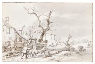 Jacob Cats - Winter Scene With A Swineherd On A Village Street