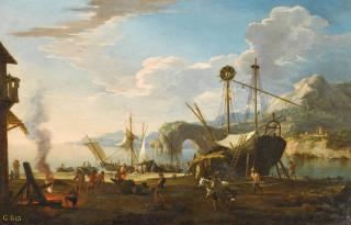Jacob De Heusch - A Capriccio Harbour Scene In A Mediterranean Bay