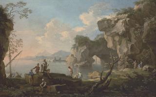 Jacob de Heusch - A coastal landscape with a natural arch, fishermen in the foreground