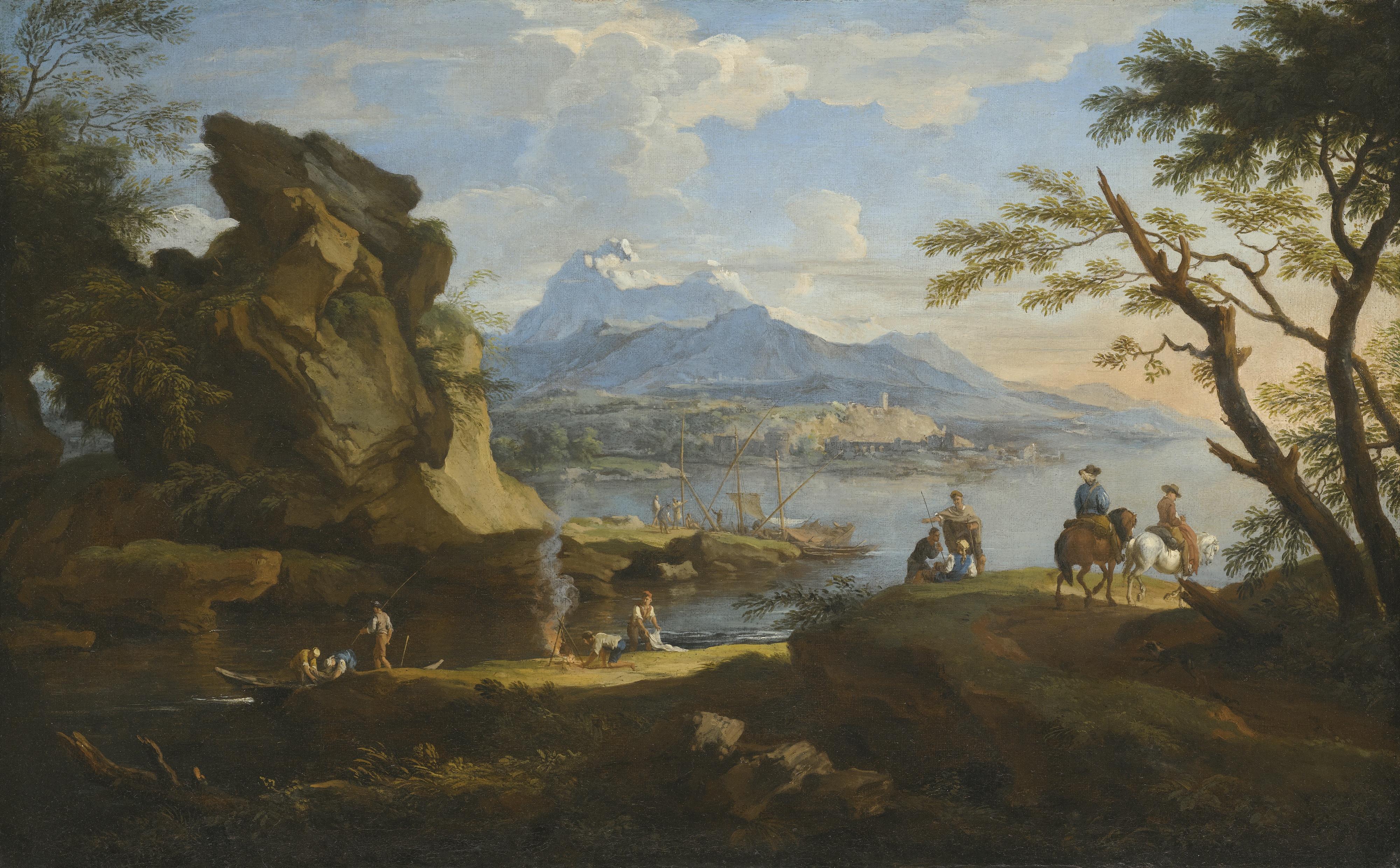 Jacob De Heusch - A Harbour Scene With Fishermen Returning To Shore, Some Travellers Setting Up Camp And Two Riders On A Pass, Mountains Beyond