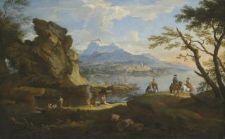 Jacob De Heusch - A Harbour Scene With Fishermen Returning To Shore, Some Travellers Setting Up Camp And Two Riders On A Pass, Mountains Beyond