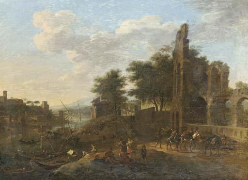 Jacob de Heusch - A river landscape with travellers on a path and peasants conversing by moored ships, a town beyond