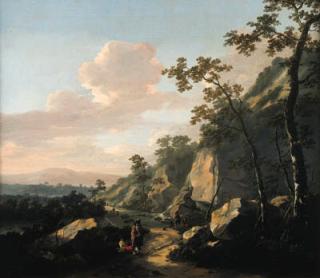 Jacob de Heusch - A rocky landscape with travelers on a path, fishermen by a waterfall beyond.