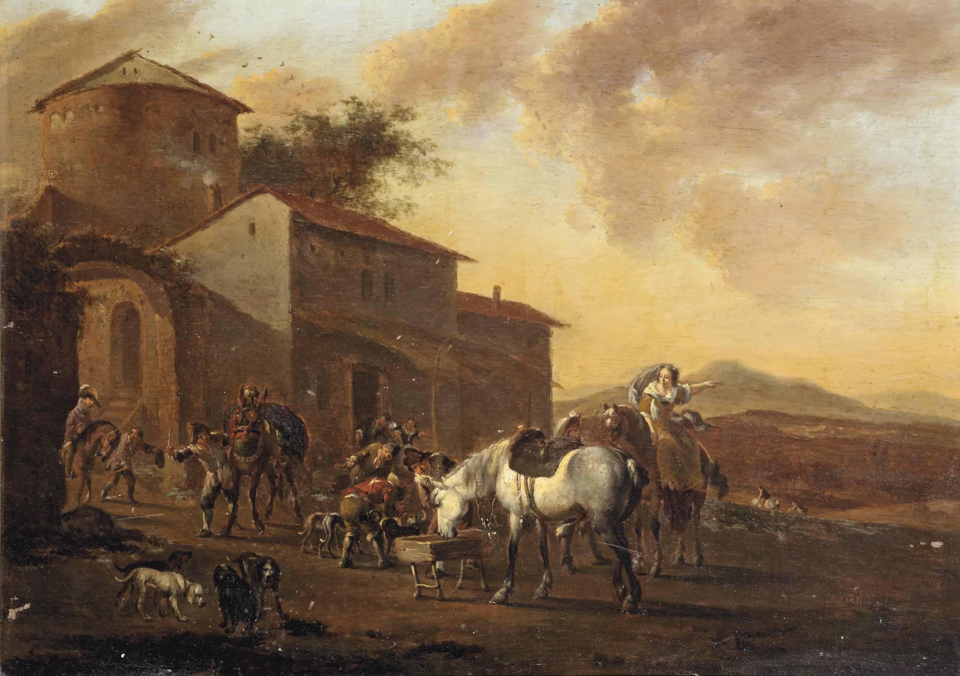 Jacob De Heusch - An Italianate Landscape With A Hunting Party Before An Inn