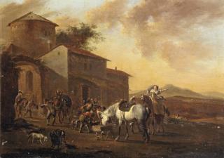Jacob De Heusch - An Italianate Landscape With A Hunting Party Before An Inn