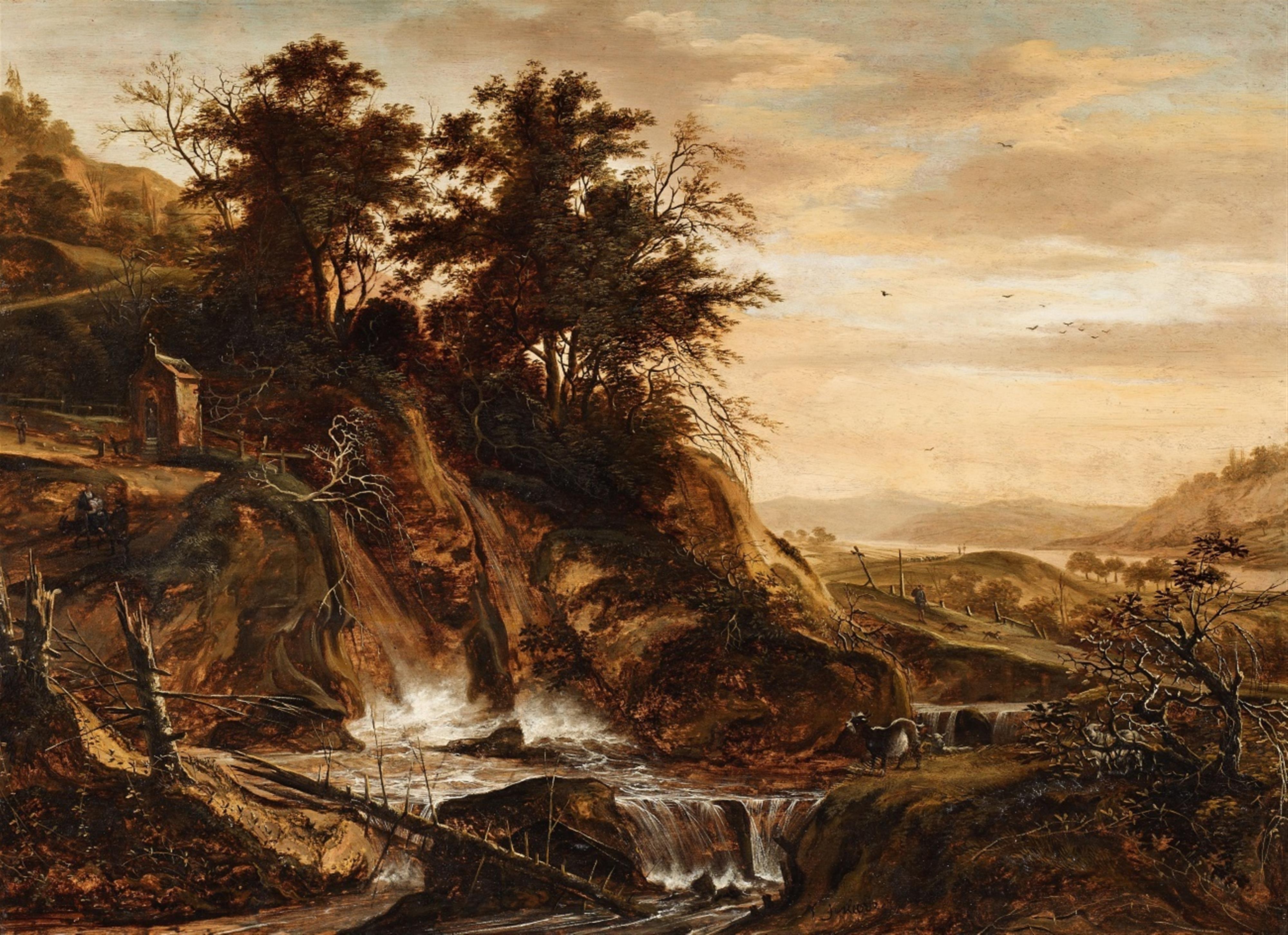 Jacob de Villeers - Berglandschaft mit einer Kapelle an einem Wasserfall