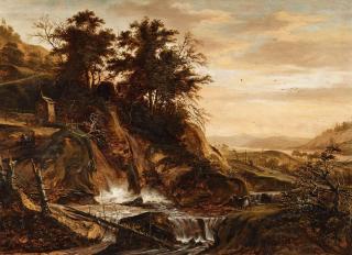 Jacob de Villeers - Berglandschaft mit einer Kapelle an einem Wasserfall