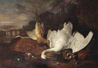 Jacob De Wet II - An Italianate River Landscape With A Swan, A Eurasian Bittern, A Peacock, A Pheasant And Other Birds Before A Stone Vase On A Pedestal