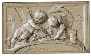 Jacob De Wit - A Design For An Overdoor With Two Putti And A Dog: An Allegory Of Hunting