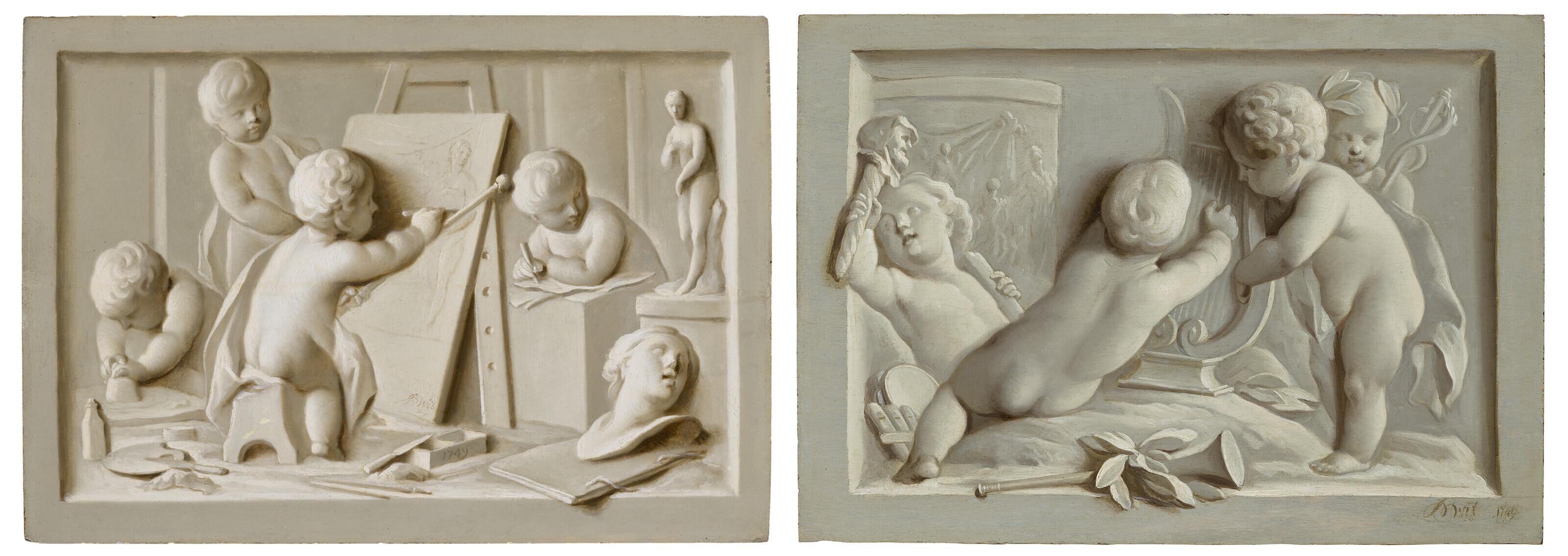 Jacob de Wit - An allegory of painting and sculpture; and An allegory of music and dance - en grisaille