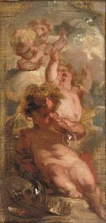 Jacob De Wit - An Allegory of Vanitas: Four putti blowing bubbles, a skull, an artist\'s palette and a crown nearby