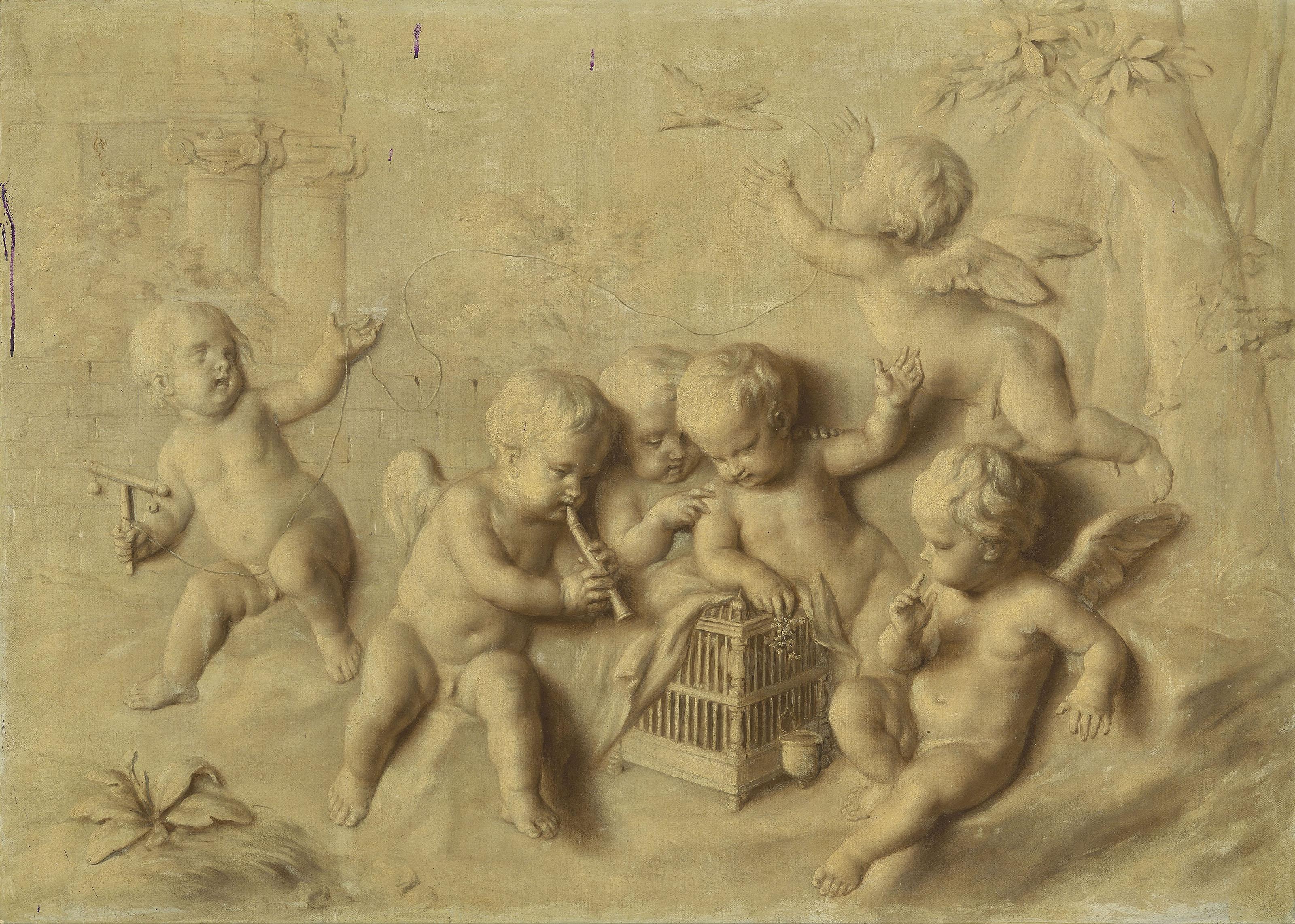 Jacob De Wit - Putti cavorting in a landscape - en grisaille