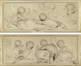 Jacob De Wit - Putti Playing And Drinking From An Urn; Putti Disporting Beneath A Statue Of Bacchus