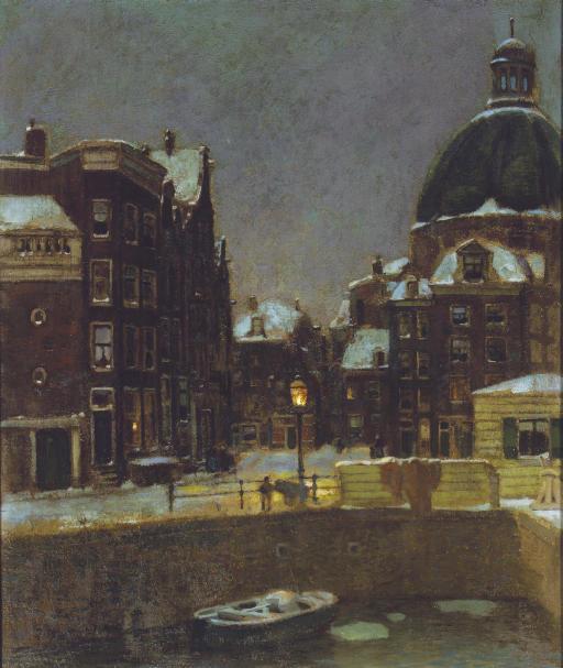 Jacob Dooijewaard - Ronde Lutherse Kerk: the Singel on a winters night