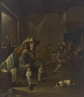 Jacob Duck - An Ensign seated in a guardroom, with officers playing at cards and a woman smoking by a chimney