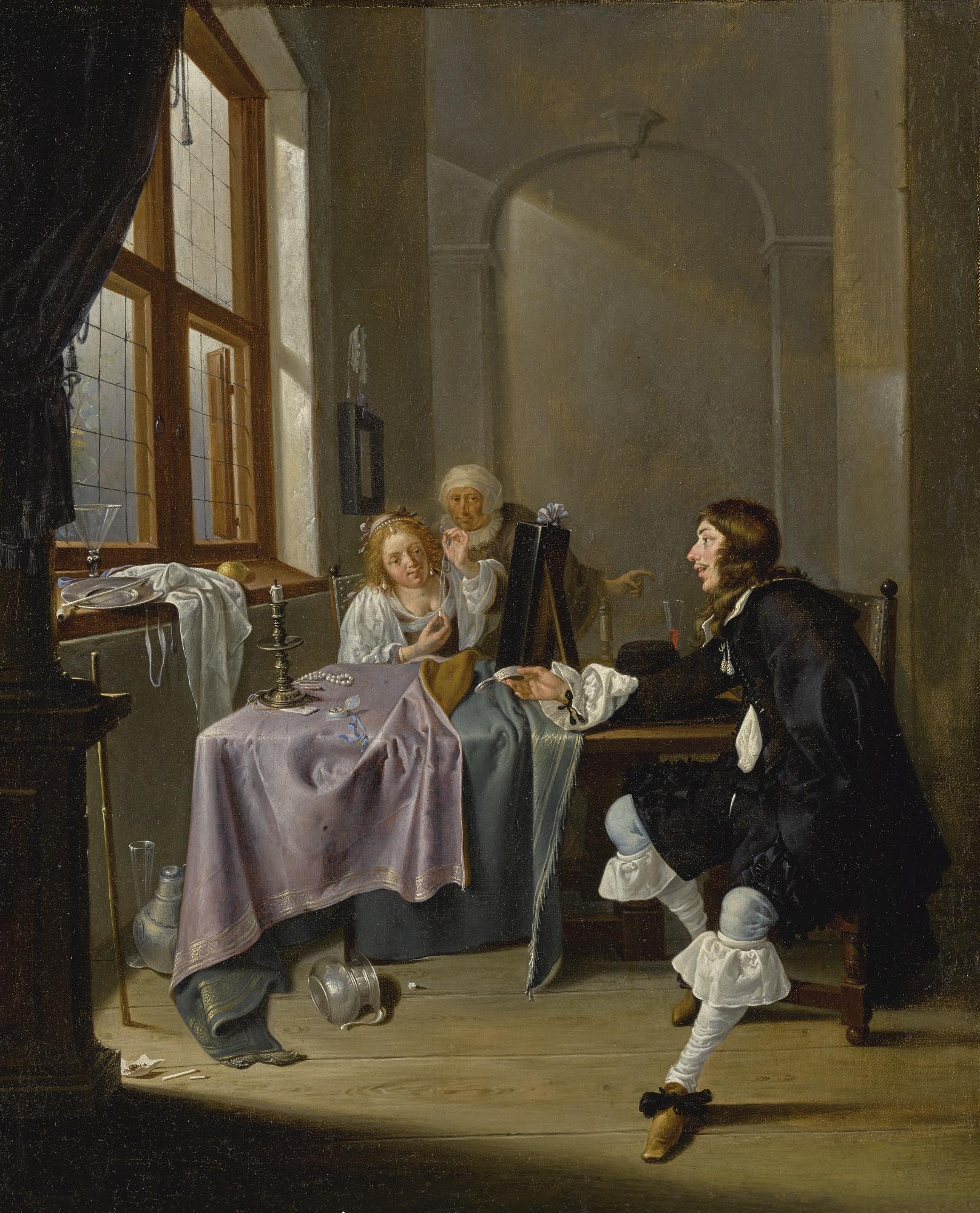 Jacob Duck - An Interior With A Gentleman Presenting A Snuff Box To A Seated Lady Stringing A Pearl