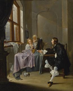 Jacob Duck - An Interior With A Gentleman Presenting A Snuff Box To A Seated Lady Stringing A Pearl