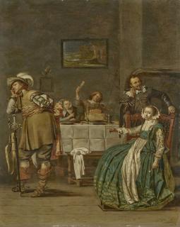Jacob Duck - Interior with figures standing and seated near a table laden with food and drink