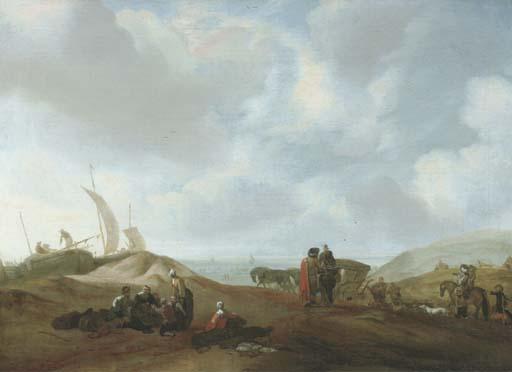 Jacob Esselens - A Dune Landscape With Fisherfolk Resting, Travellers With A Horse And A Carriage And Elegant Figures Beyond