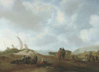Jacob Esselens - A Dune Landscape With Fisherfolk Resting, Travellers With A Horse And A Carriage And Elegant Figures Beyond