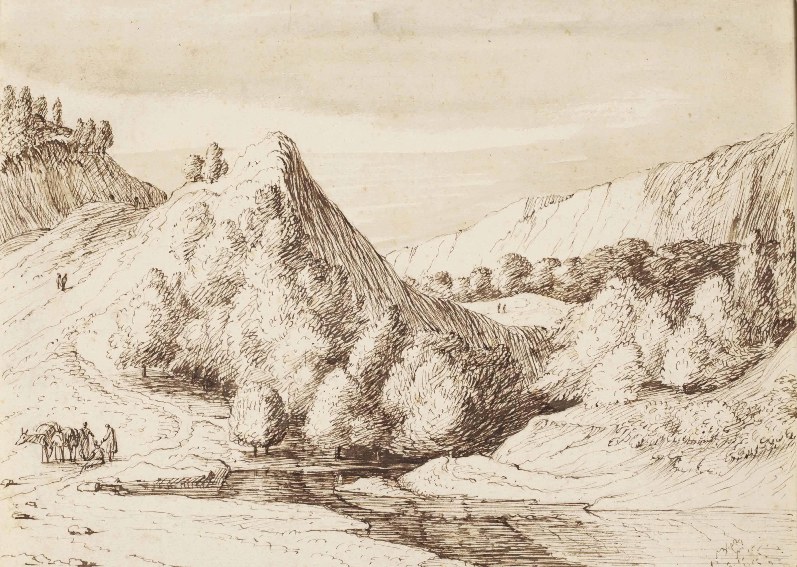 Jacob Esselens - A mountainous landscape with travellers by a river