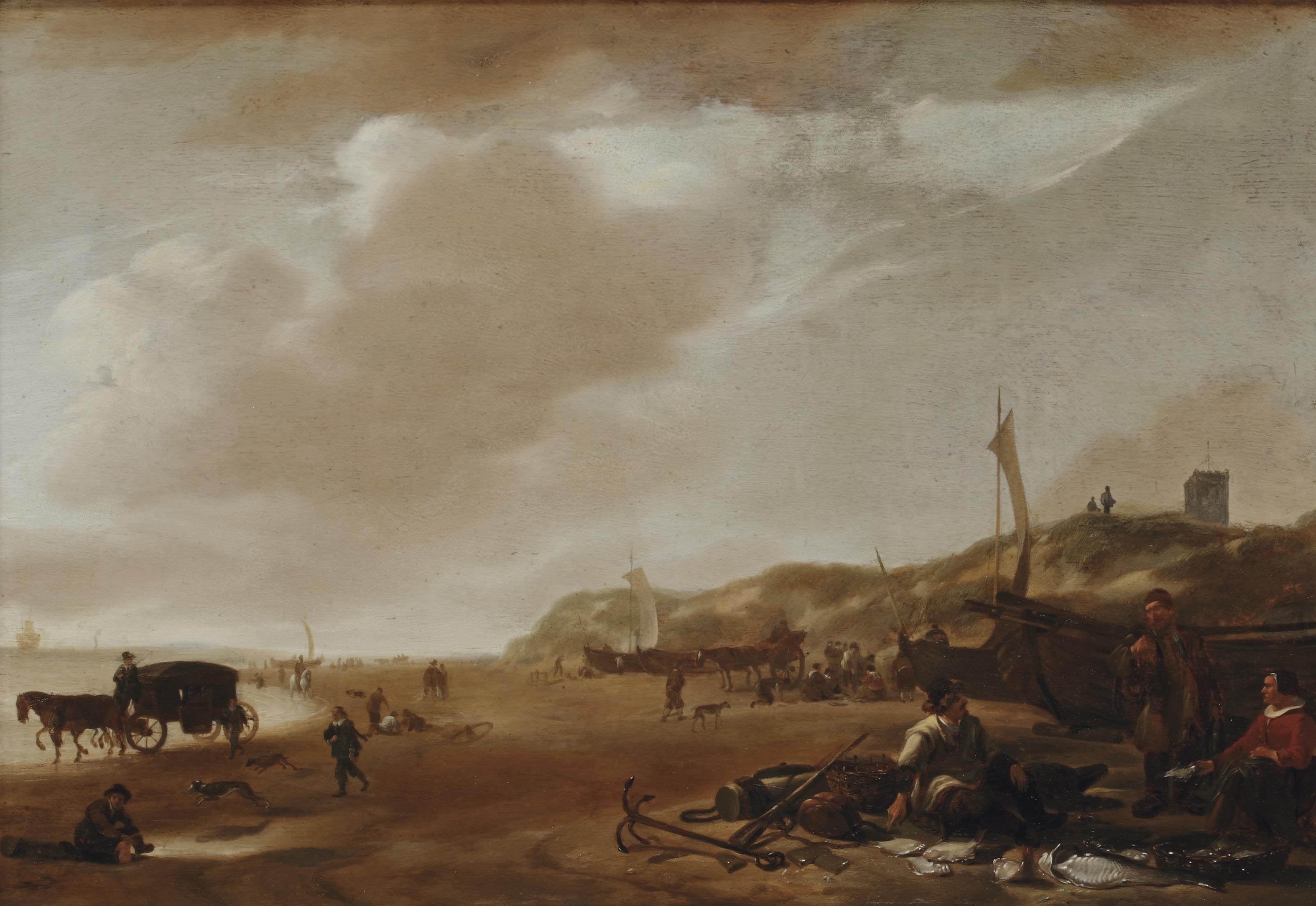 Jacob Esselens - Figures on the beach of Egmond aan Zee, a lady selling fish