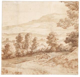 Jacob Esselens - Landscape with travellers resting before a village, probably in England
